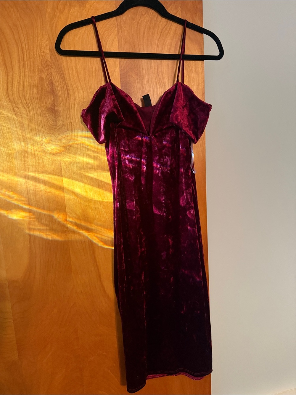 Windsor Burgundy Velvet Off- shoulder with spaghetti straps dress